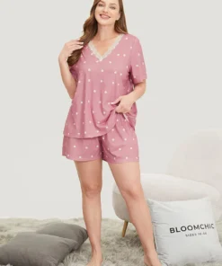 Polka Dot V Neck Lace Trim Sleep Top -Clothing Shop 458562285 nt