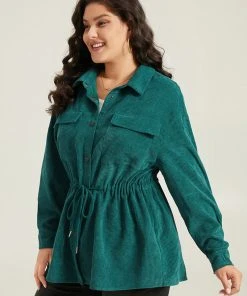 Plain Corduroy Pocket Button Up Drawstring Gathered Coat -Clothing Shop 458654675 po 1d841aff 4e74 4c0f b9d5 59a9fa5517b0