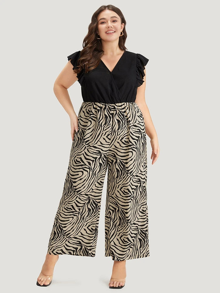 Zebra Patchwork Contrast Ruffle Cap Sleeve Pocket Jumpsuit 3 Zebra Patchwork Contrast Ruffle Cap Sleeve Pocket Jumpsuit