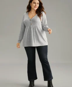 V Neck Texture Button Up Rib Knit T-shirt -Clothing Shop 458786357 ub