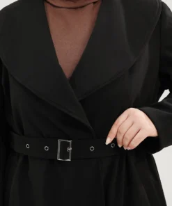 Solid Lapel Collar Pocket Belted Open Front Coat -Clothing Shop 458931249 pn