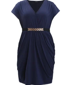 Plain Wrap Gathered Curved Hem Metal Detail Belted Dress -Clothing Shop 459217994 ru