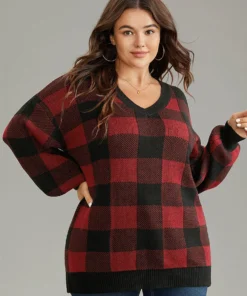 V Neck Plaid Elastic Cuffs Pullover -Clothing Shop 459415823 he 31295b9f 604a 4a7a 8e4b 8226df3e1cf2