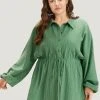 Plain Shirt Collar Drawstring Button Through Lantern Sleeve Coat -Clothing Shop 459997208 wz