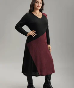 Two Tone Patchwork V Neck Dress -Clothing Shop 460063452 er