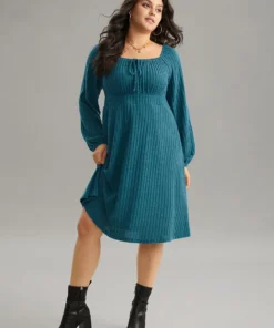 Rib Knit Ties Square Neck Lantern Sleeve Dress
