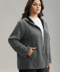 Contrast Cable Knit Pocket Hooded Jacket -Clothing Shop 460564570 jb