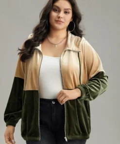 Velvet Contrast Hooded Slant Pocket Jacket -Clothing Shop 460855504 el