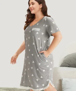 Heart Print Patched Pocket Eyelet Lace Sleep Dress 12 Heart Print Patched Pocket Eyelet Lace Sleep Dress -Clothing Shop 460904884 gg