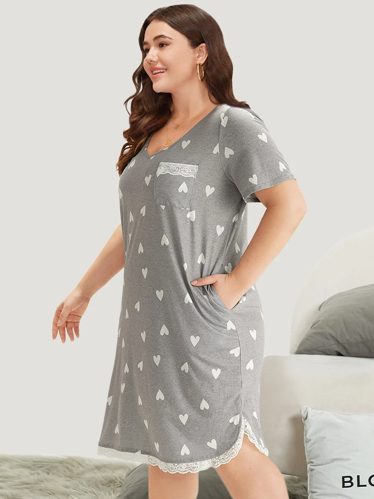 Heart Print Patched Pocket Eyelet Lace Sleep Dress 5 Heart Print Patched Pocket Eyelet Lace Sleep Dress - Image 3