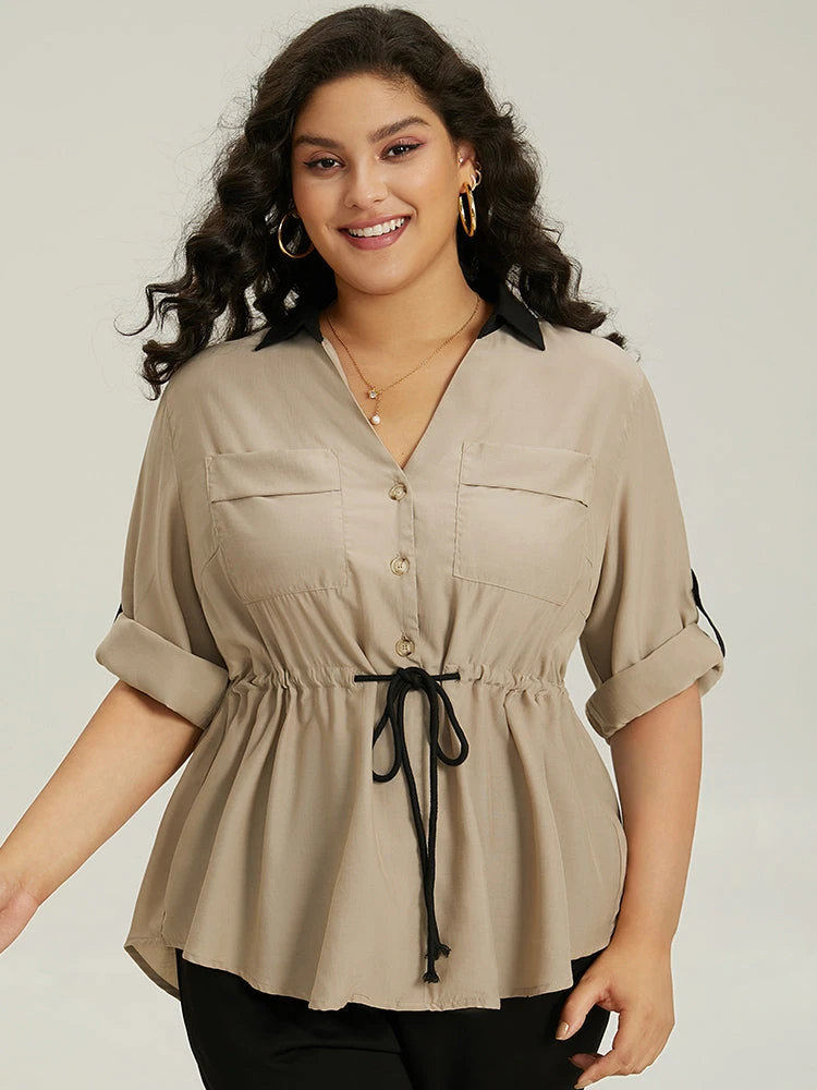 Contrast Drawstring Roll Tab Sleeve Patched Pocket Blouse 6 Contrast Drawstring Roll Tab Sleeve Patched Pocket Blouse - Image 4