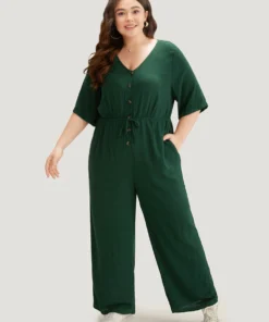 Plain Textured V Neck Pocket Button Through Drawstring Jumpsuit