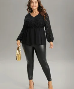 Glitter Mesh Patchwork Lantern Sleeve Blouse -Clothing Shop 462730780 vy