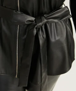 Plain PU Leather Knot Pocket Zipper Belted Jacket -Clothing Shop 463050877 fv