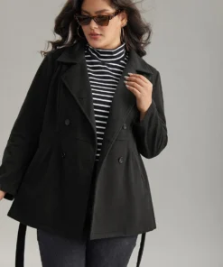 Plain Belted Double Breasted Pocket Coat -Clothing Shop 463070676 uh