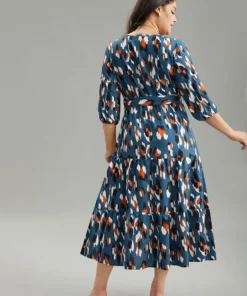 Allover Print Ruffle Layered Hem Wrap Belted Dress -Clothing Shop 463072520 gi