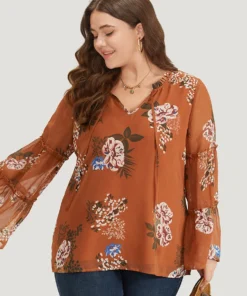 Floral Print Knot Neck Frill Trim Mesh Bell Sleeve Blouse -Clothing Shop 463591407 bc