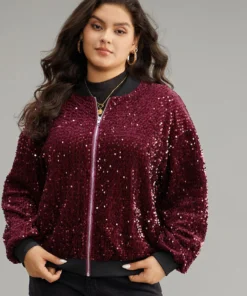 Sequin Zipper Patchwork Contrast Bomber Jacket -Clothing Shop 463869272 dy