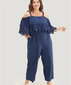 Plain Lace Trim Pocket Cold Shoulder Jumpsuit -Clothing Shop 463896079 rc