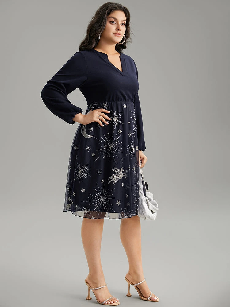 Star Glitter Mesh Patchwork Notched Dress 7 Star Glitter Mesh Patchwork Notched Dress - Image 5