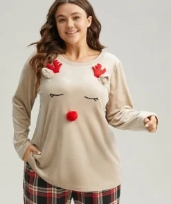 Christmas Elk Fluffy Ball Round Neck Sleep Top