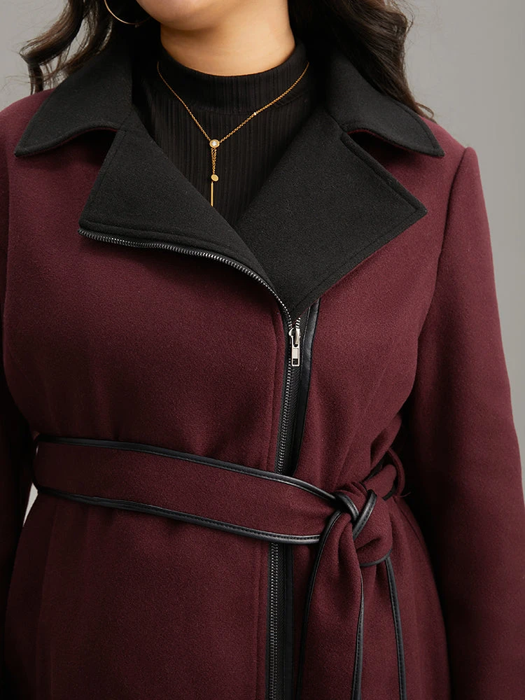 Lapel Collar Contrast Patchwork Zipper Belted Coat 6 Lapel Collar Contrast Patchwork Zipper Belted Coat - Image 4