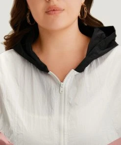 Colorblock Contrast Zipper Pocket Hooded Jacket -Clothing Shop 464391885 uz