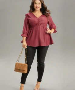 Solid Frill Trim Ruched Elastic Waist Blouse -Clothing Shop 464683912 hr