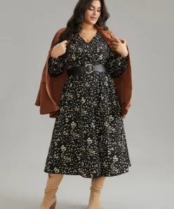 Graphic Two Tone Shirred Surplice Neck Dress