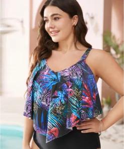 Tropical Print Ruffle Trim One Piece Swimsuit -Clothing Shop 464821210 kr