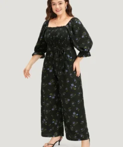 Floral Print Shirred Belted Square Neck Frill Trim Jumpsuit -Clothing Shop 464895971 an