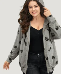 Halloween Skull Print Pocket Zipper Hooded Sweatshirt