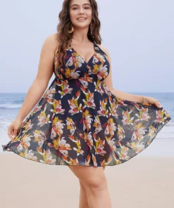 Floral Mesh Surplice Neck Ruffles Swim Dress -Clothing Shop 465830405 od