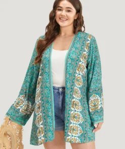 Boho Print Flutter Sleeve Open Front Kimono -Clothing Shop 466183271 ln