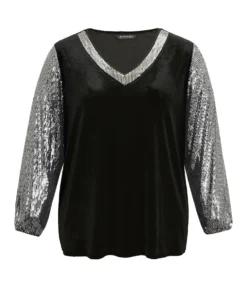Sequin Patchwork V Neck Lantern Sleeve Sweatshirt -Clothing Shop 466594703 pn