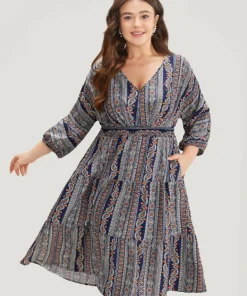 Bandana Print Elastic Cuffs Layered Hem Dress