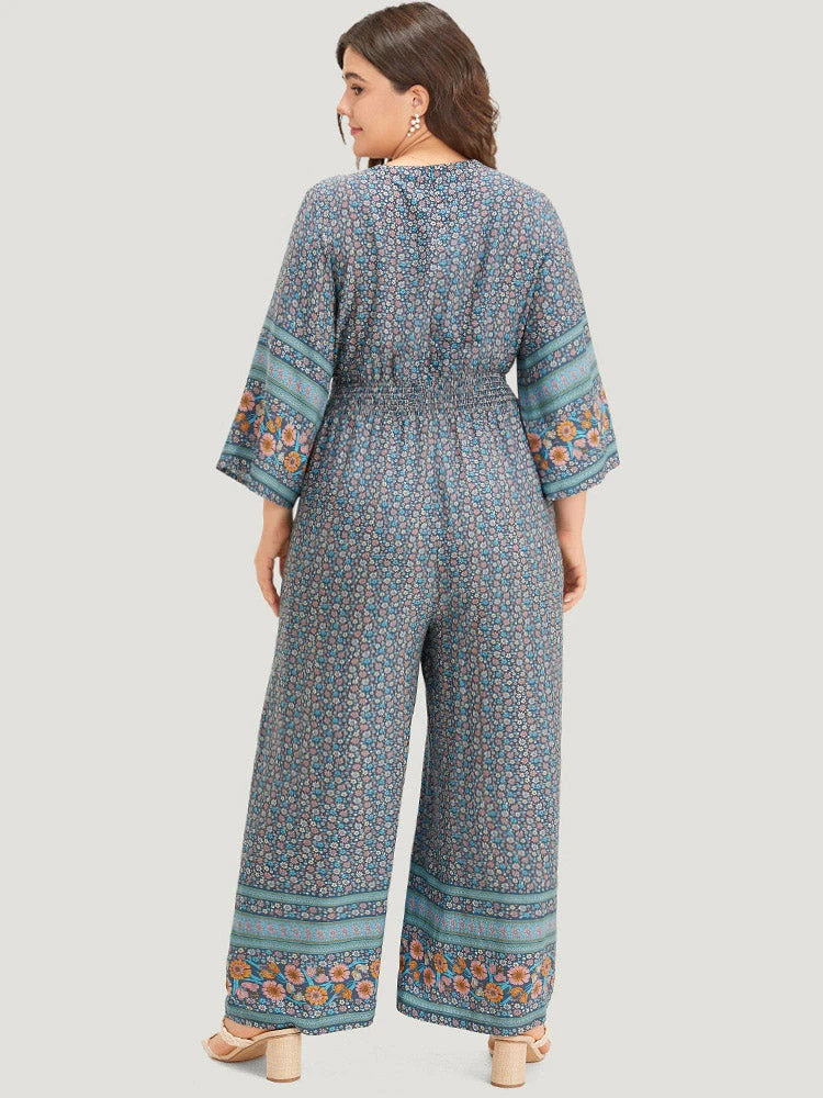 Floral Print Shirred Overlap Collar Jumpsuit 4 Floral Print Shirred Overlap Collar Jumpsuit - Image 2