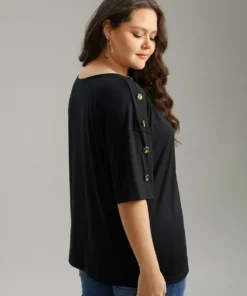 Plain Button Detail Drop Shoulder T-shirt 9 Plain Button Detail Drop Shoulder T-shirt -Clothing Shop 466970045 zc