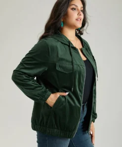 Velvet Zipper Pocket Drawstring Hooded Jacket -Clothing Shop 467028625 qf