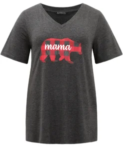 Plaid Bear Patchwork Round Neck T-shirt -Clothing Shop 467120832 ww