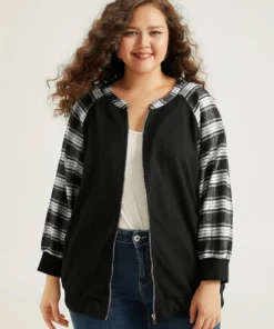 Plaid Patchwork Pocket Zipper Fly Jacket -Clothing Shop 467151240 iq