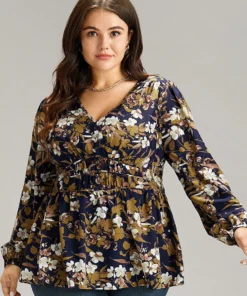 Floral Print Gathered Elastic Waist Blouse