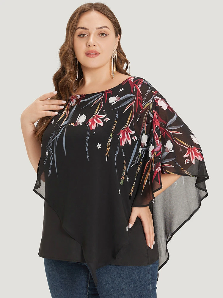 Floral Print Crochet Mesh Asymmetrical Batwing Sleeve Blouse 4 Floral Print Crochet Mesh Asymmetrical Batwing Sleeve Blouse - Image 2