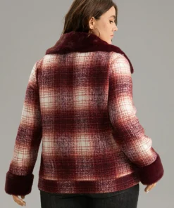 Plaid Patchwork Button Through Fuzzy Trim Woolen Jacket -Clothing Shop 468386947 yf