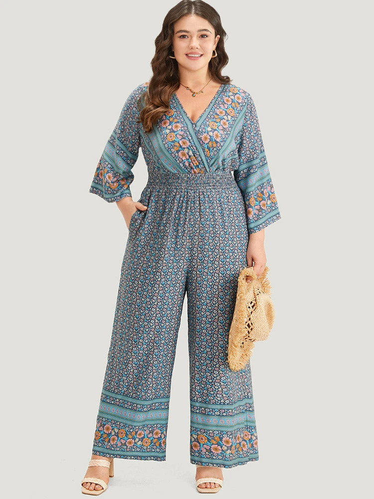 Floral Print Shirred Overlap Collar Jumpsuit 3 Floral Print Shirred Overlap Collar Jumpsuit
