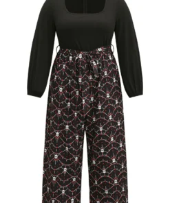 Halloween Skull Print Patchwork Belted Jumpsuit -Clothing Shop 468618911 ge