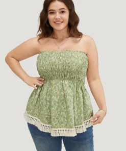 Ditsy Floral Frill Trim Tassels Hem Shirred Off Shoulder Blouse -Clothing Shop 469112326 mh