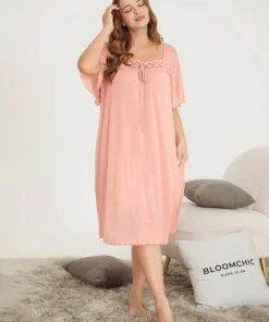 Solid Pocket Ruffles Lace Knot Square Neck Sleep Dress -Clothing Shop 469214029 zq