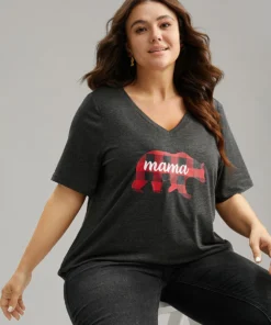 Plaid Bear Patchwork Round Neck T-shirt -Clothing Shop 469512357 wg