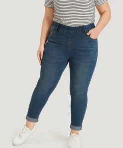 Plain Elastic Waist Medium Wash Roll Hem Jeans